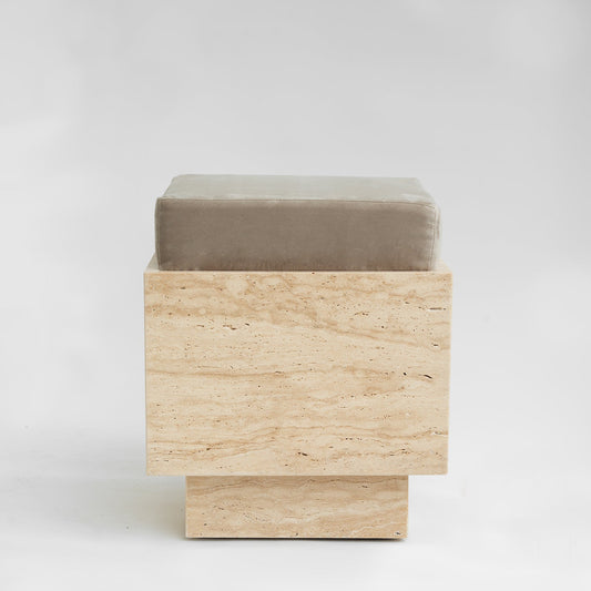 TRAVERTINE CUBE STOOL WITH VELVET CUSHION