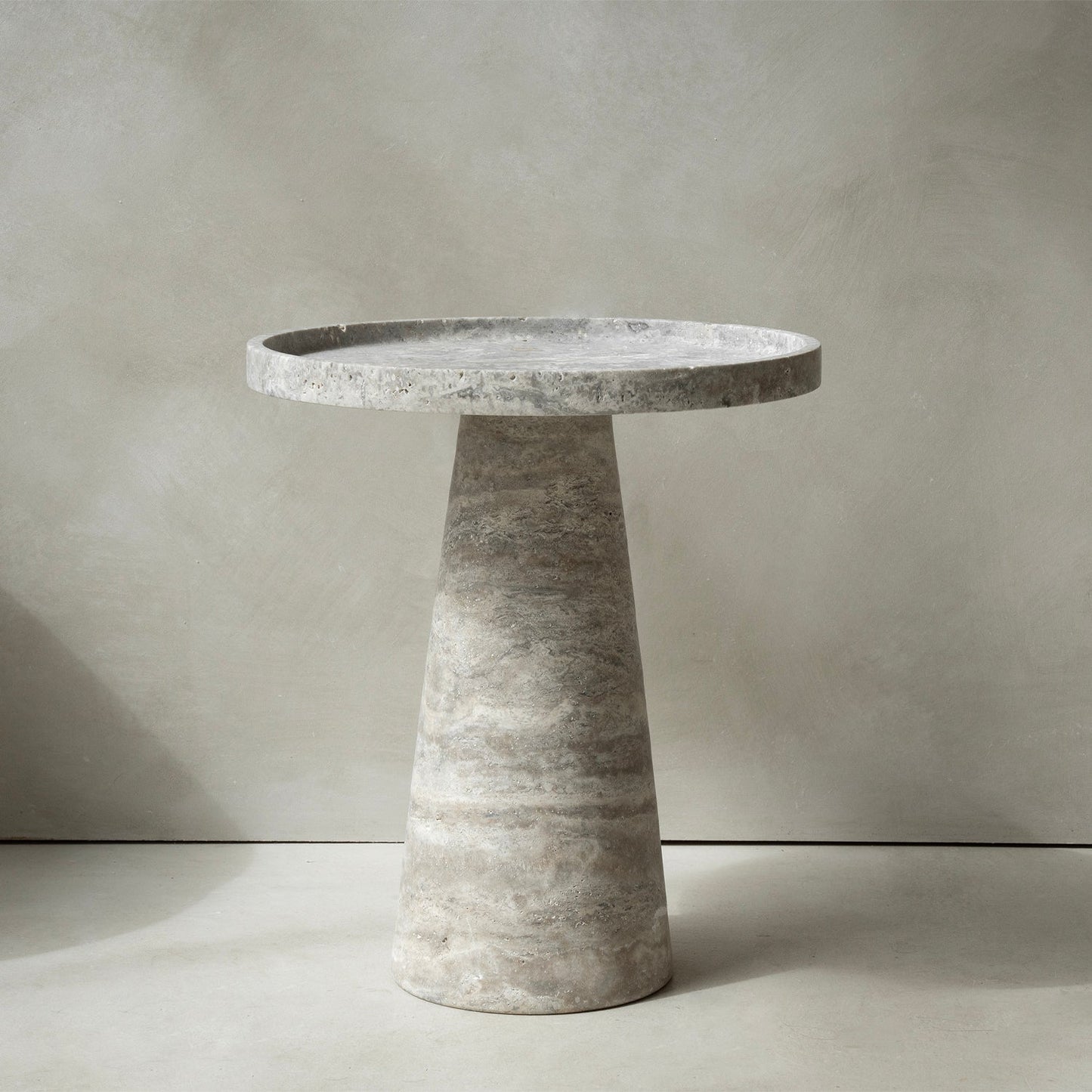 SILVER TRAVERTINE CONE SIDE TABLE