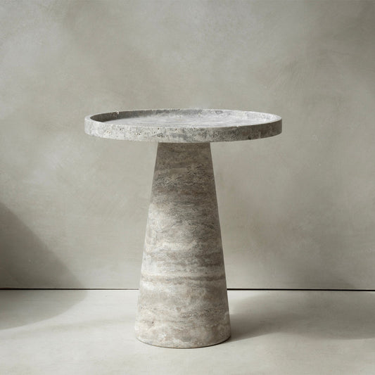 SILVER TRAVERTINE CONE SIDE TABLE